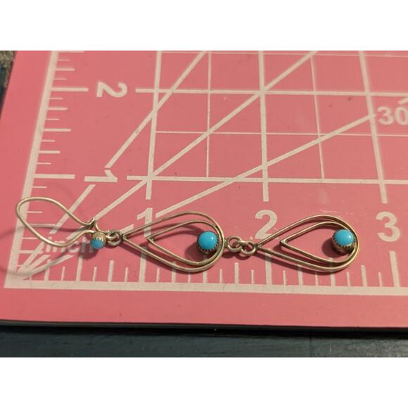 Vintage Petit Point Turquoise 925 Sterling Silver Dangle Kidney Wire Earrings - Picture 4 of 5